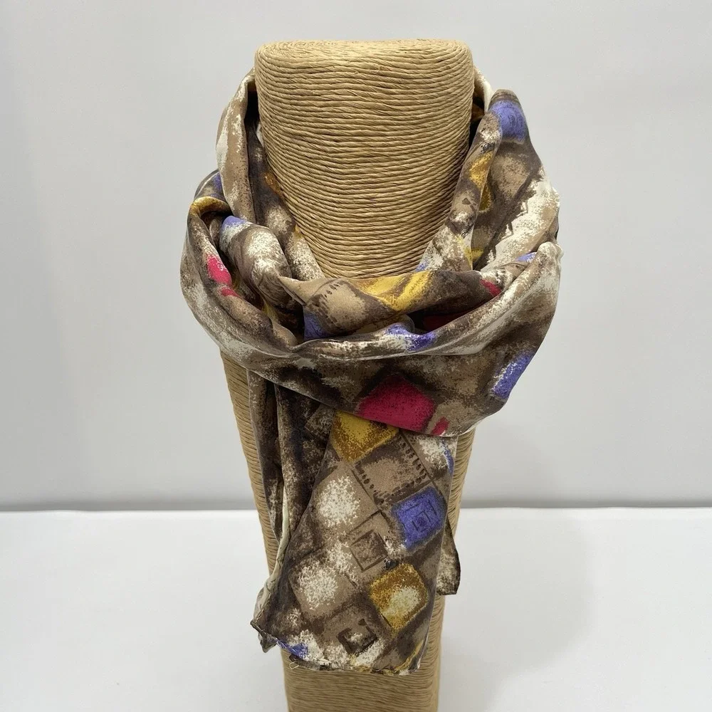 Vintage 80s Oblong Scarf 100% Silk Geometric‎ Pattern Brown Pink Purple Korea
